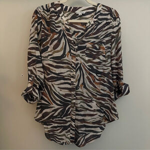 Zac & Rachel Zebra Print Button Down Blouse - Roll Tab Sleeves Size M